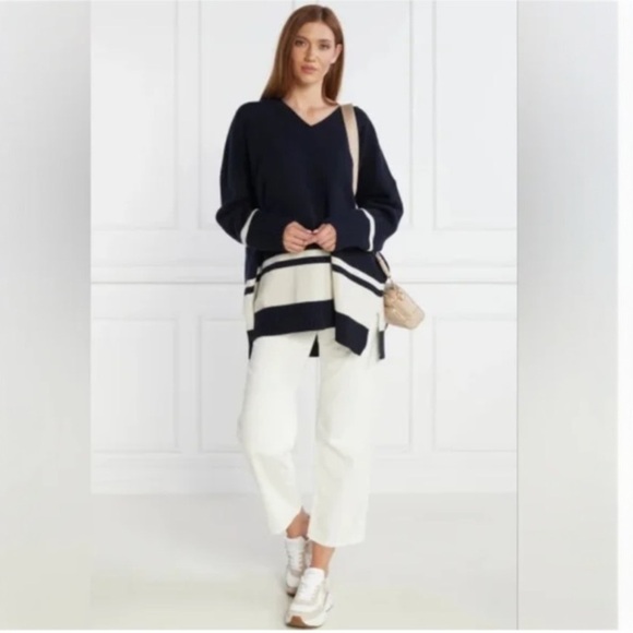 MAXMARA Nuraghe Striped V-Neck Knit Wool Sweater Navy Ivory Size M NEW - Picture 1 of 12